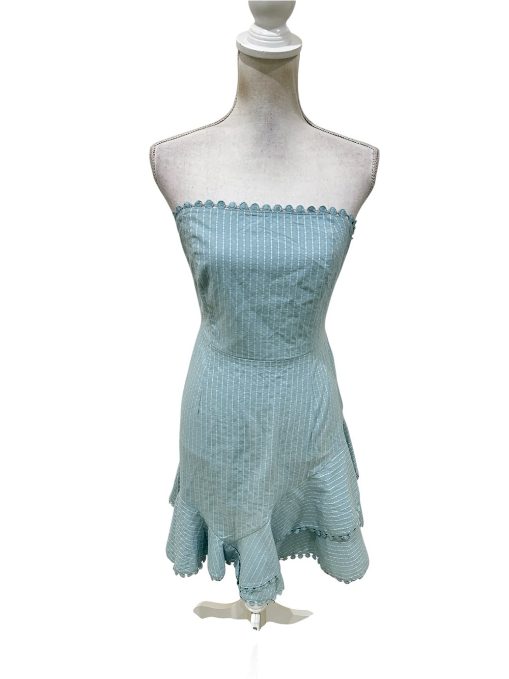 NWT Simplee Strapless Mint-Blue Pinstripe mini Dress back tie Pom Pom sz large - Picture 2 of 9